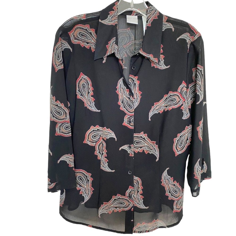 Emma James Womens Black Paisley Print Button-Down Collared Blouse Size 12 Office